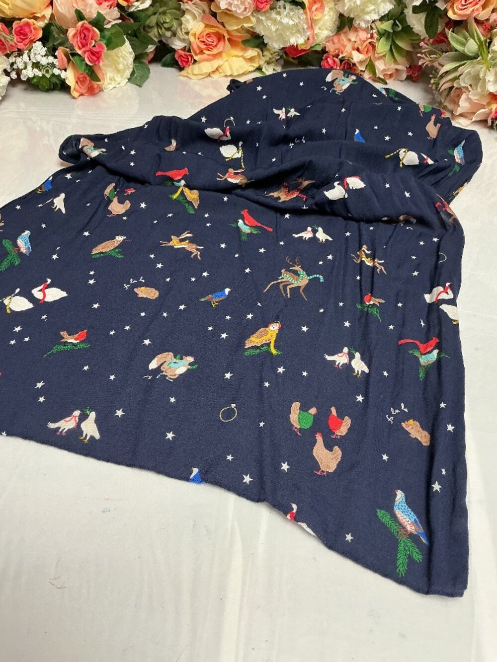 Joules Navy Woodland Animal Star Print Lightweight Scarf 77.5" Christmas